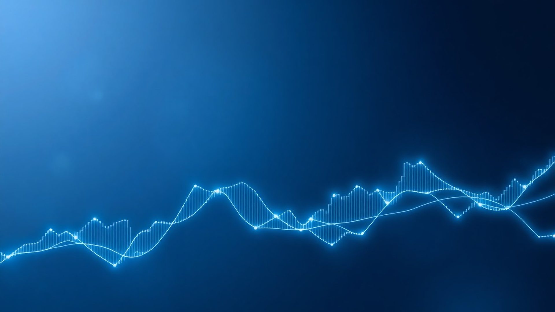 Abstraktni prikaz podatkovnih tokov in trading grafov v slate-modri paleti